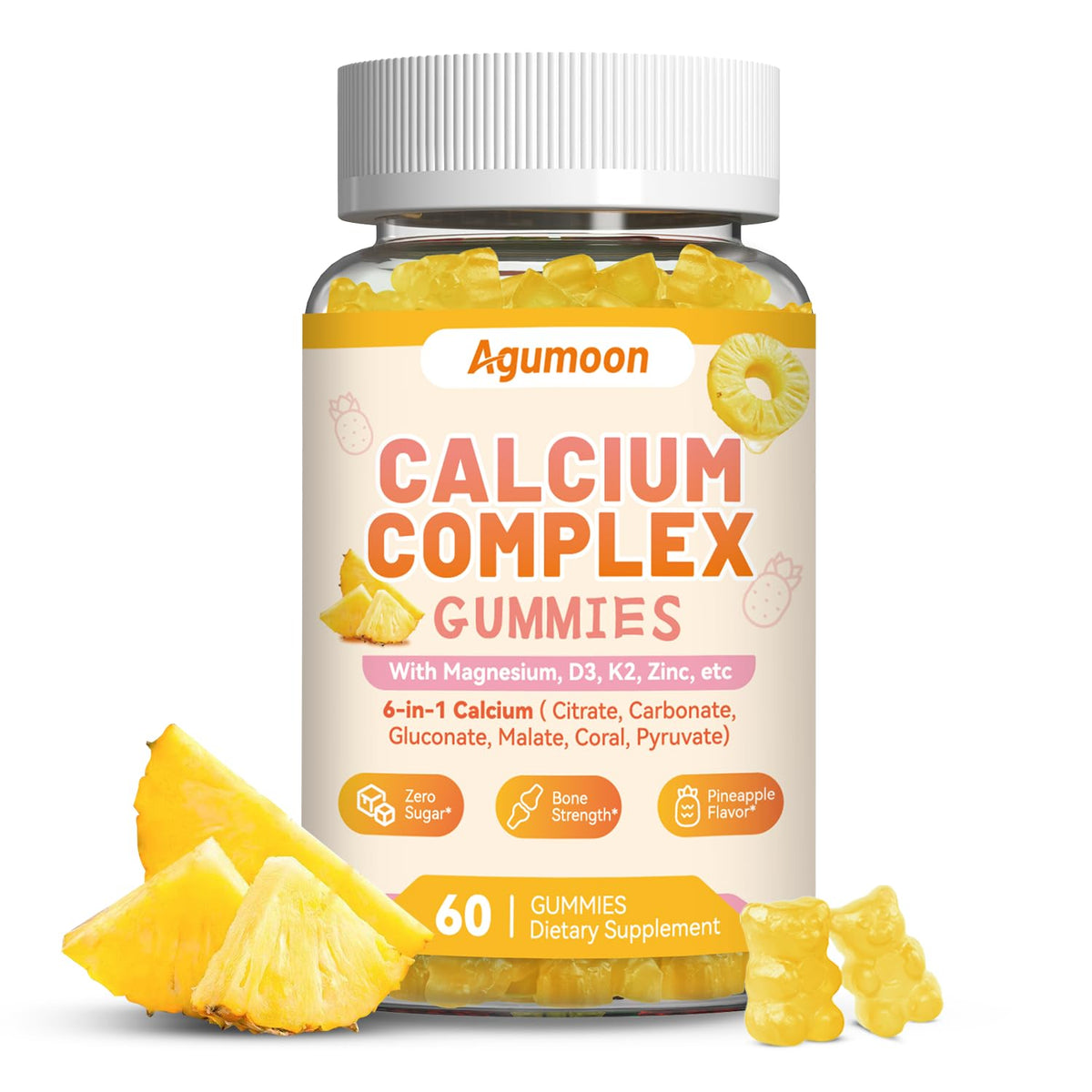 Agumoon Calcium Gummies front view with pineapple flavour