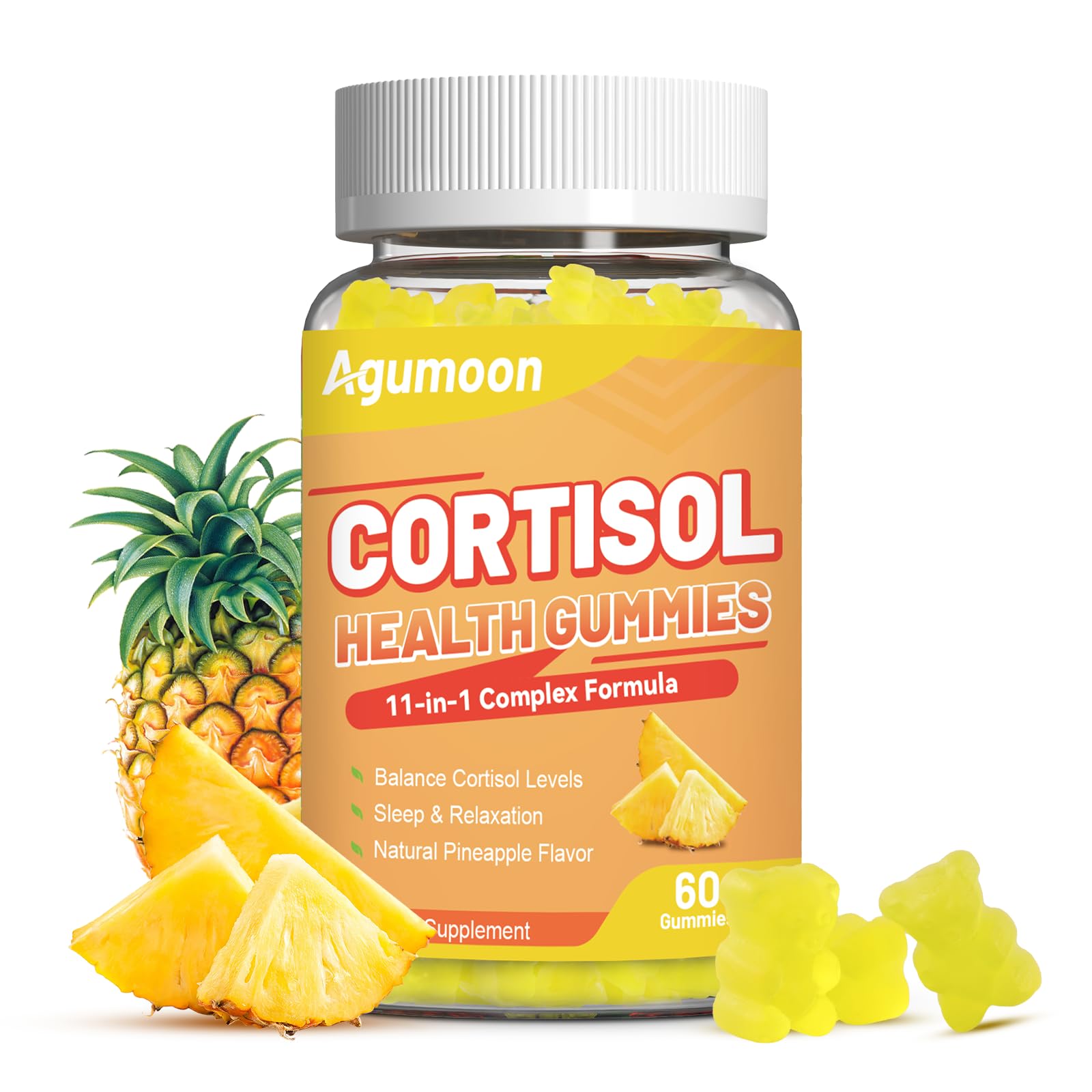 Agumoon Cortisol Gummies 90 count front view with pineapple flavour