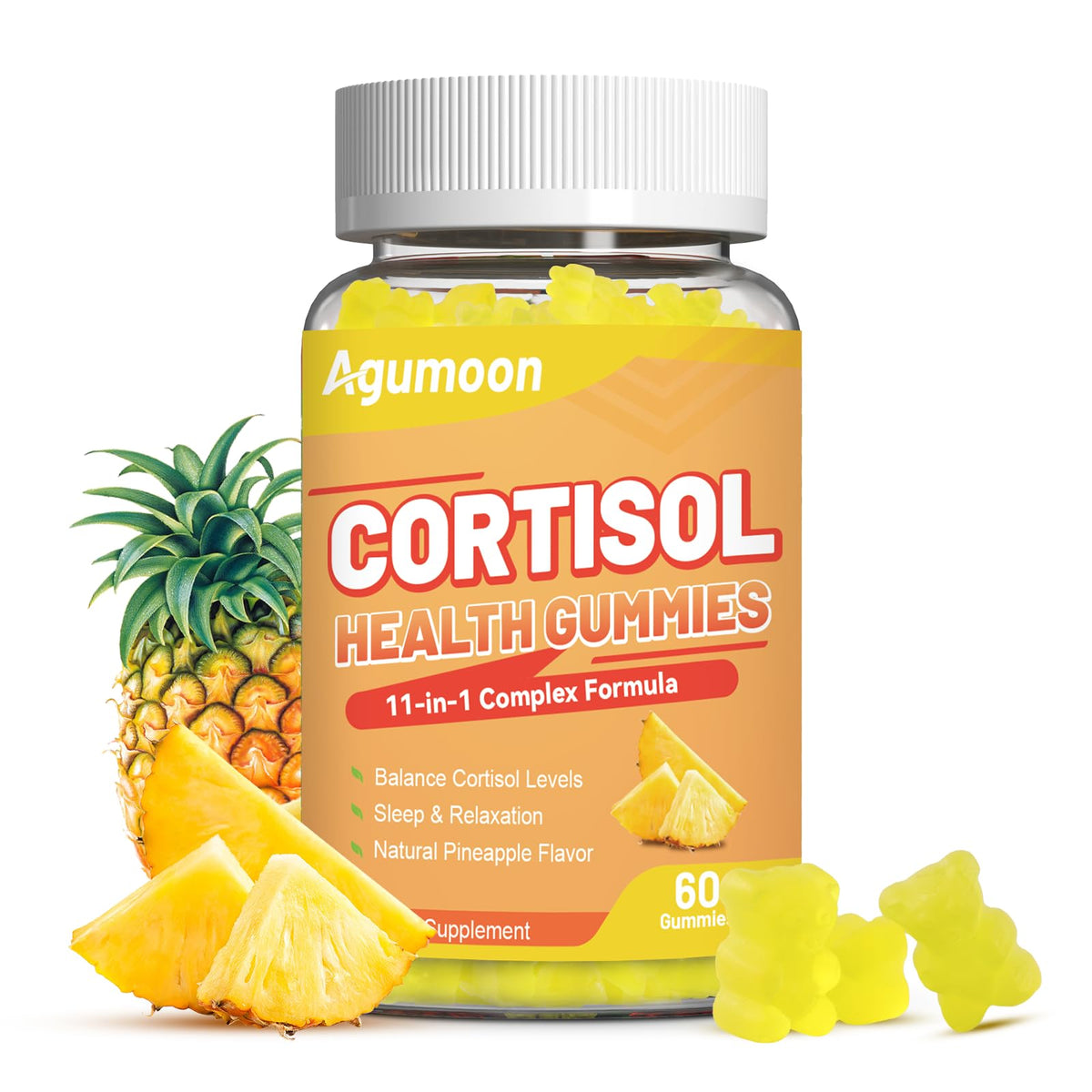 Agumoon Cortisol Gummies 90 count front view with pineapple flavour