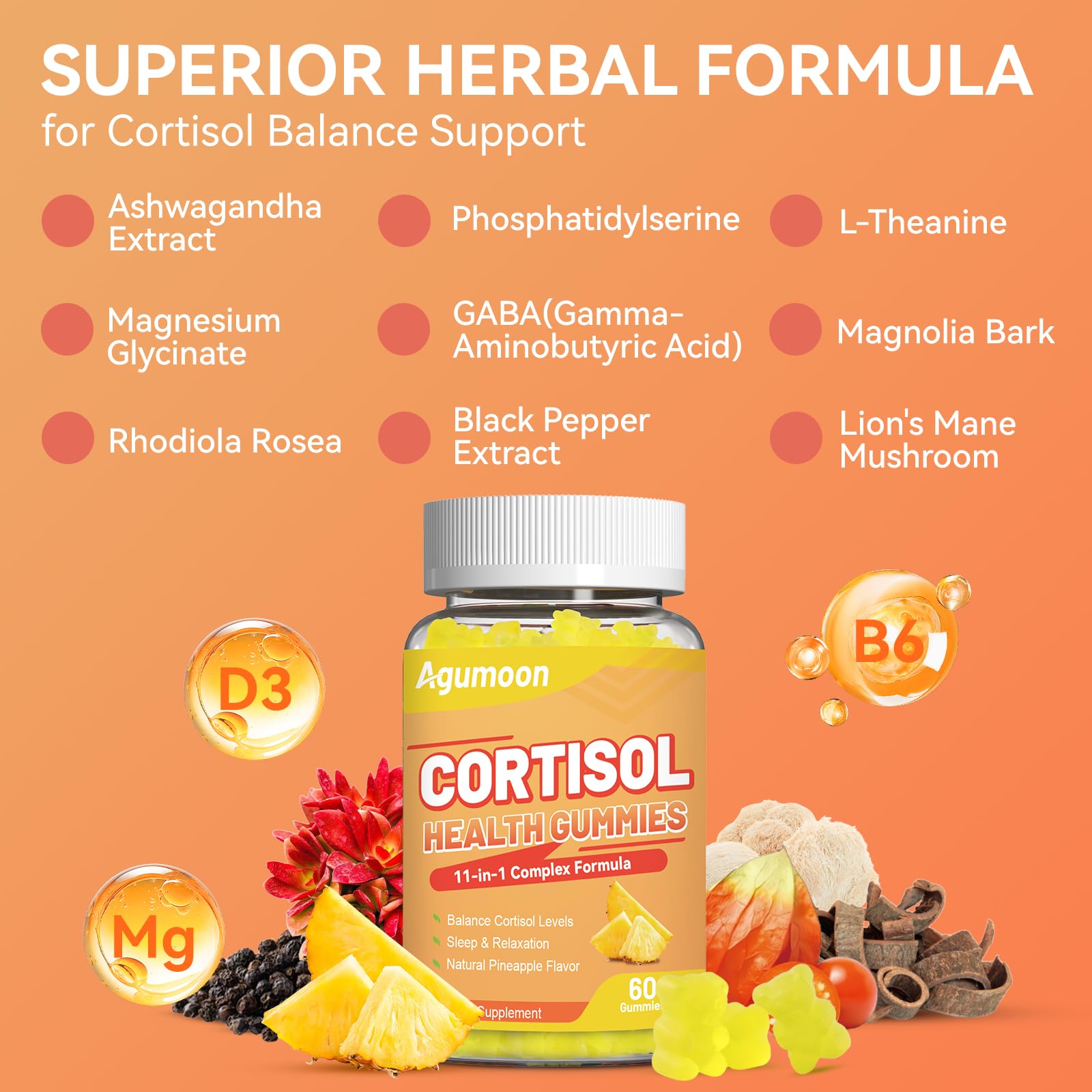 Agumoon Cortisol Gummies displayed with fresh pineapples