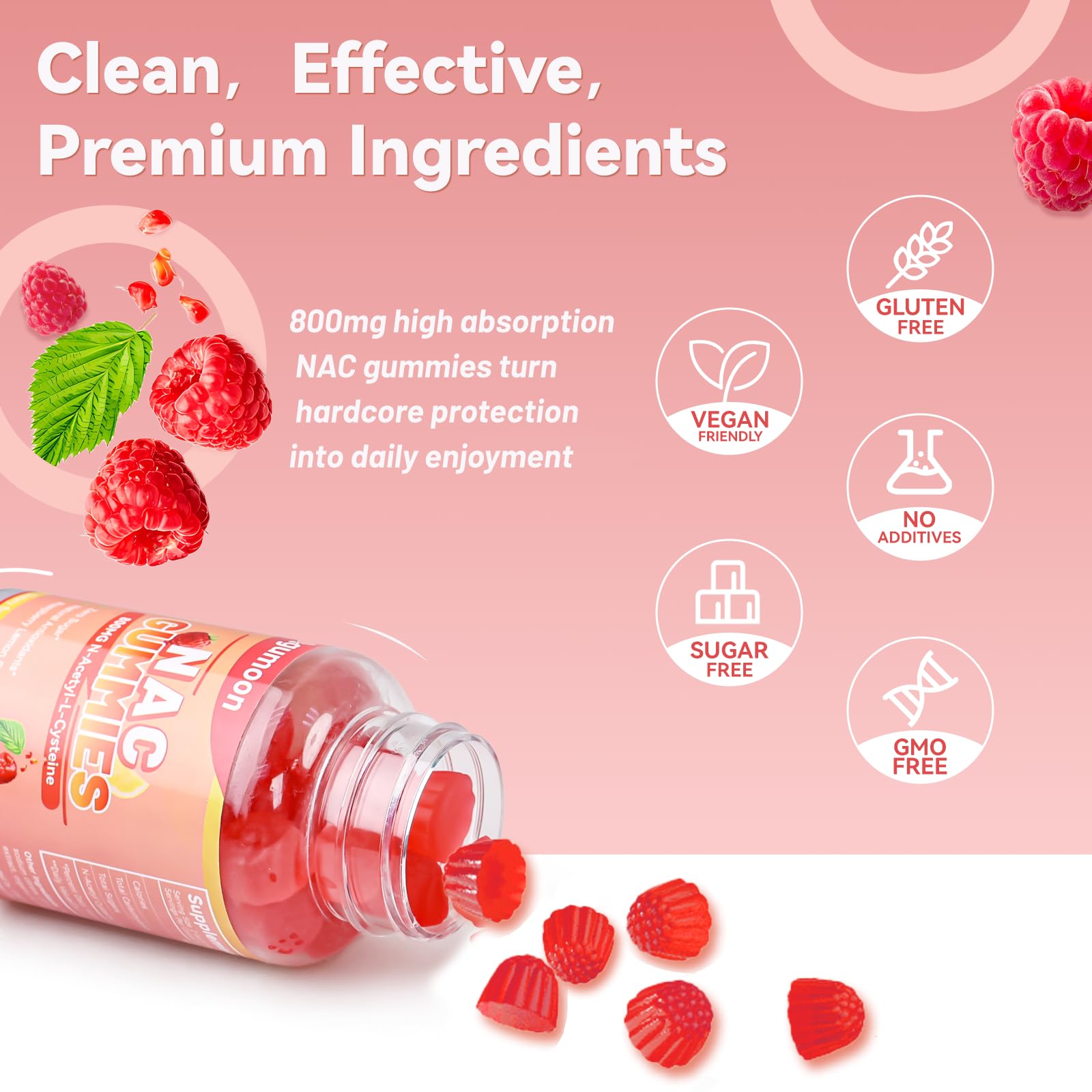 Agumoon NAC Support Gummies in a bowl with fresh raspberries