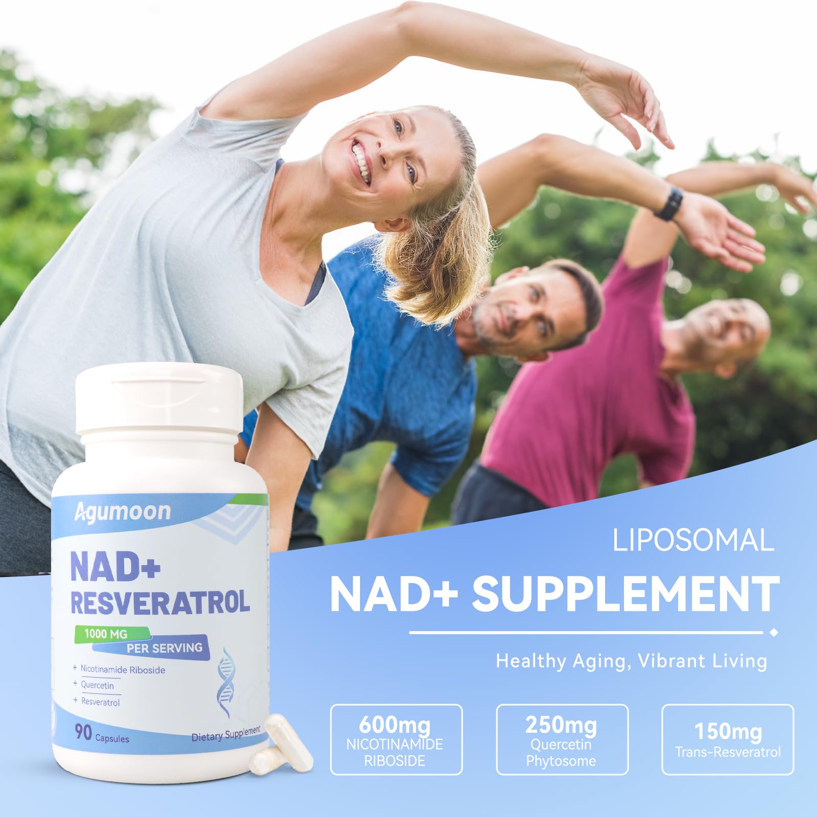 Agumoon NAD+ Resveratrol Capsules 1000mg bottle with label