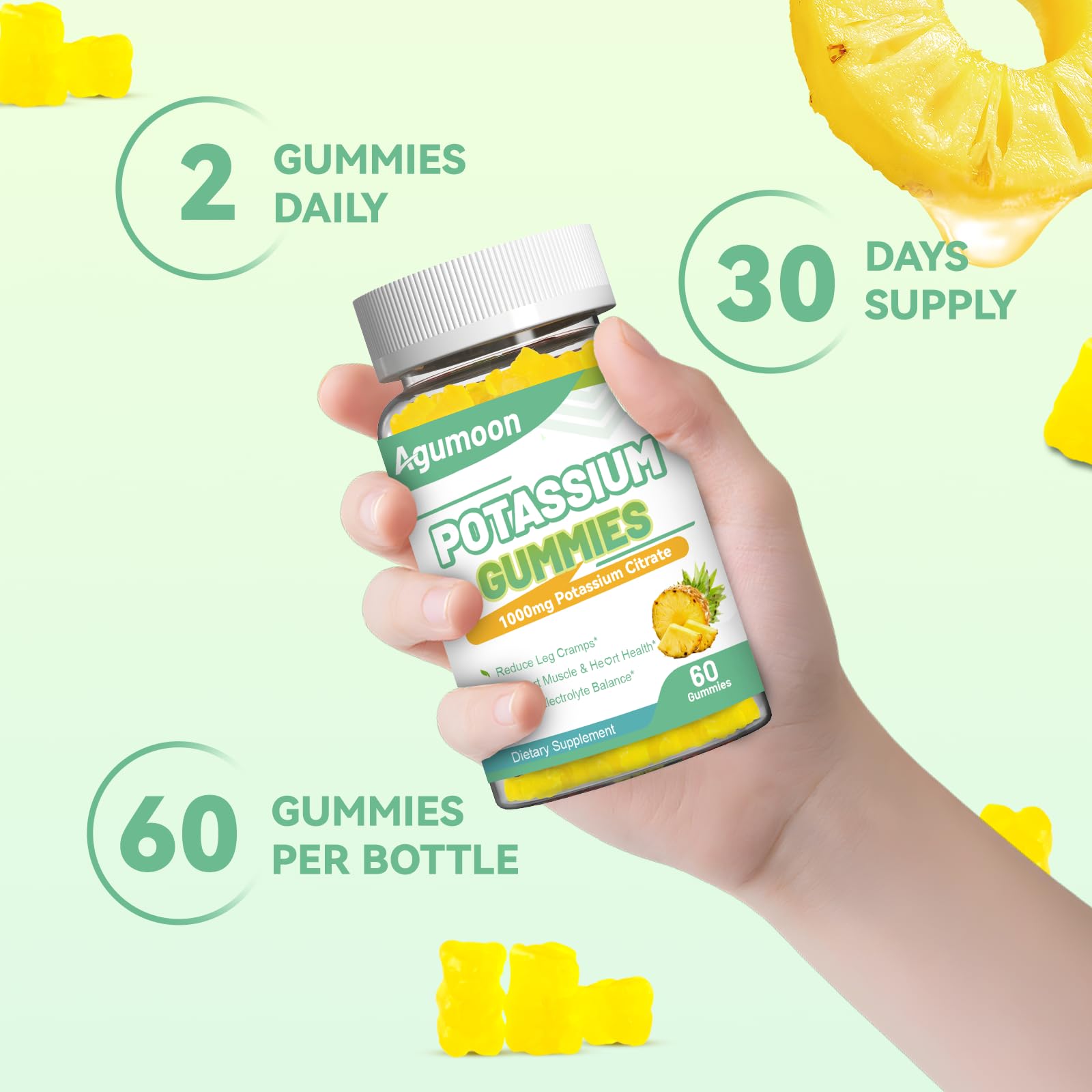 Agumoon Potassium Citrate Gummies displayed with fresh fruit