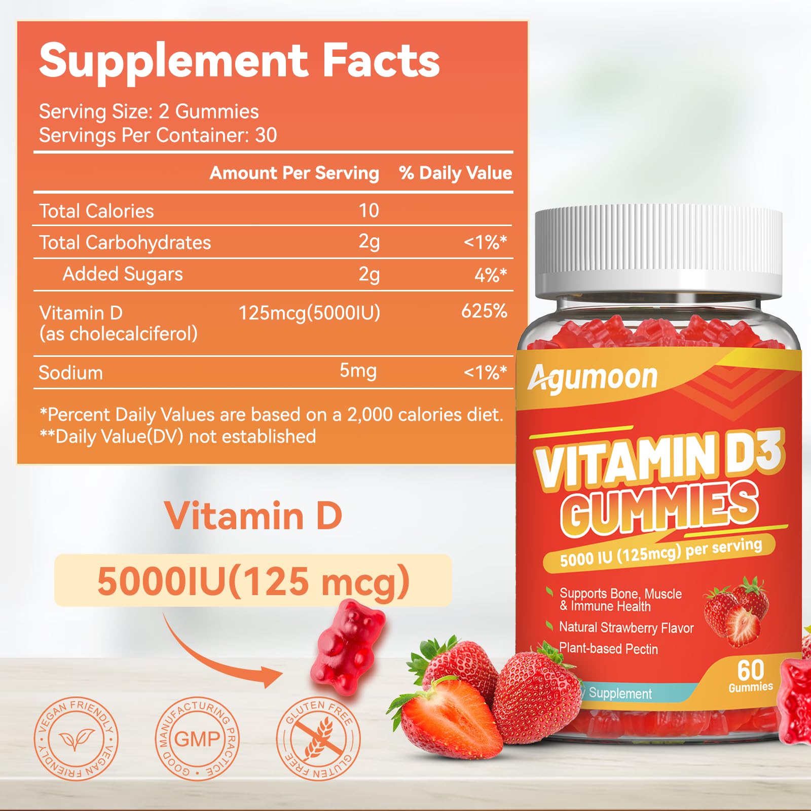 Agumoon Vitamin D3 Gummies strawberry flavour gummy close-up
