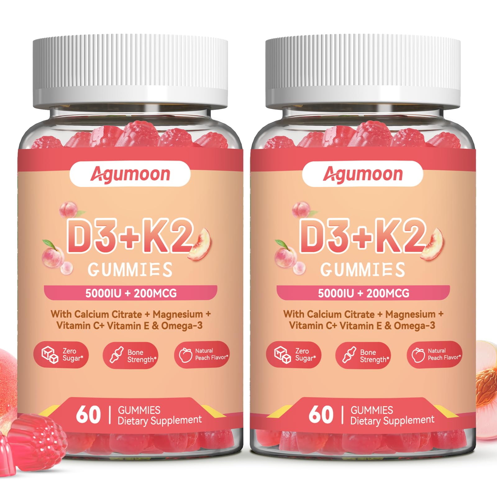 Agumoon Vitamin D3 K2 Gummies front view with peach flavour
