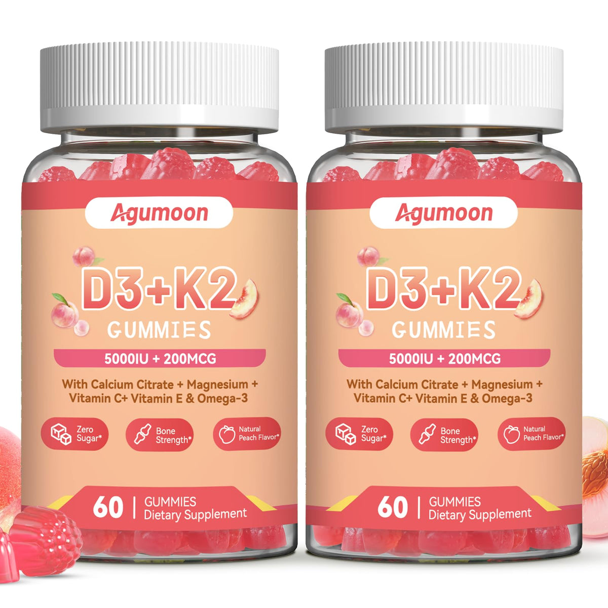 Agumoon Vitamin D3 K2 Gummies front view with peach flavour