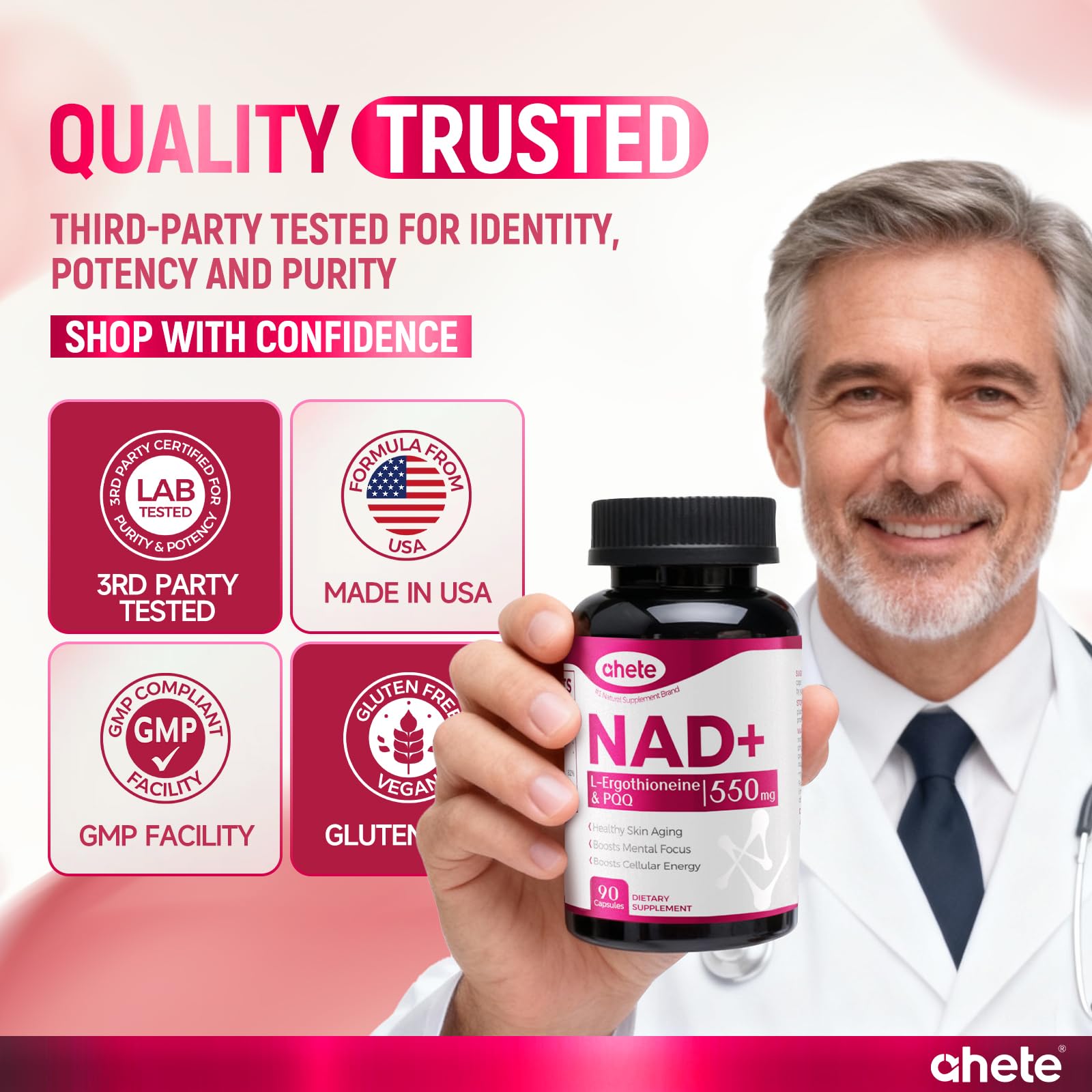 Ahete Resveratrol NAD+ Supplement bottle with measuring spoon