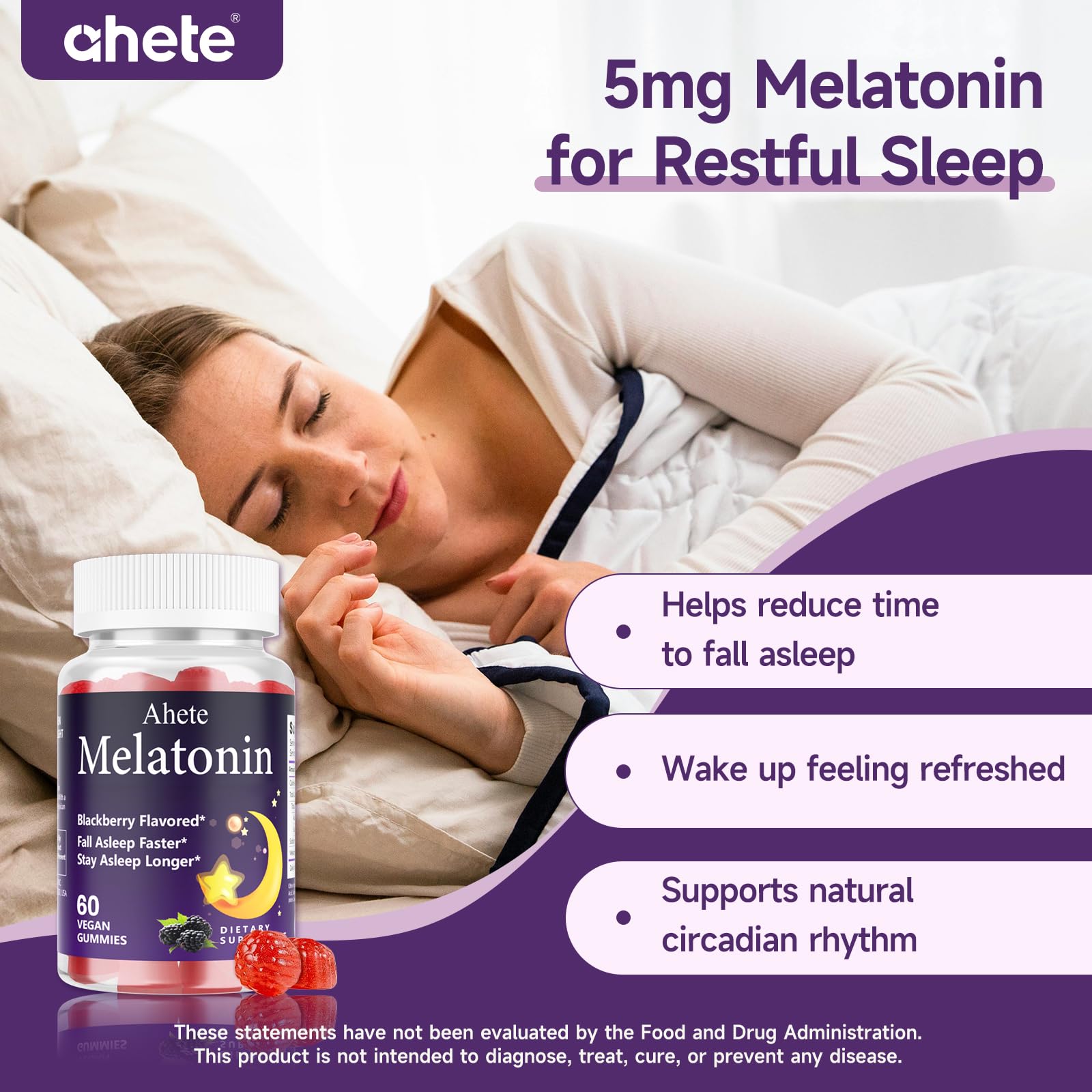 Ahete Sleep Gummies bottle on a bedside table