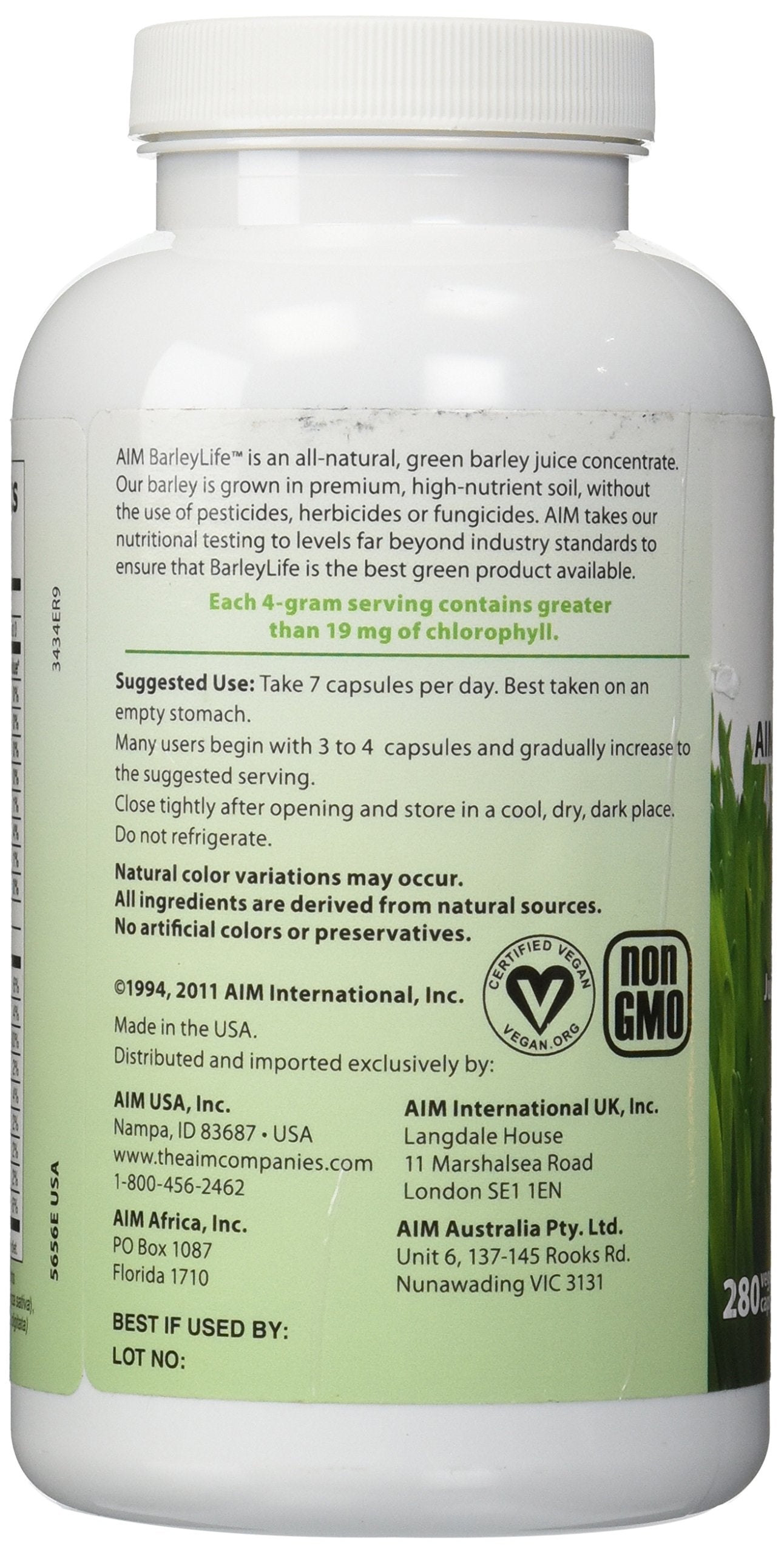 AIM International BarleyLife Capsules packaging and label details