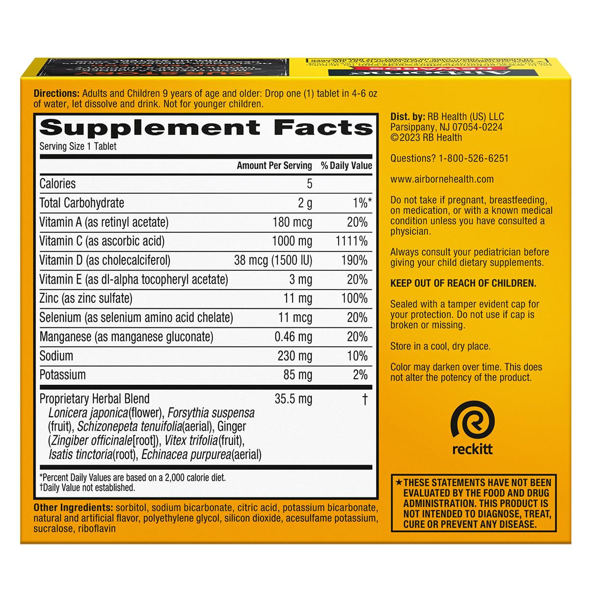 Airborne 1000mg Vitamin C + Zinc effervescent tablets in glass of water