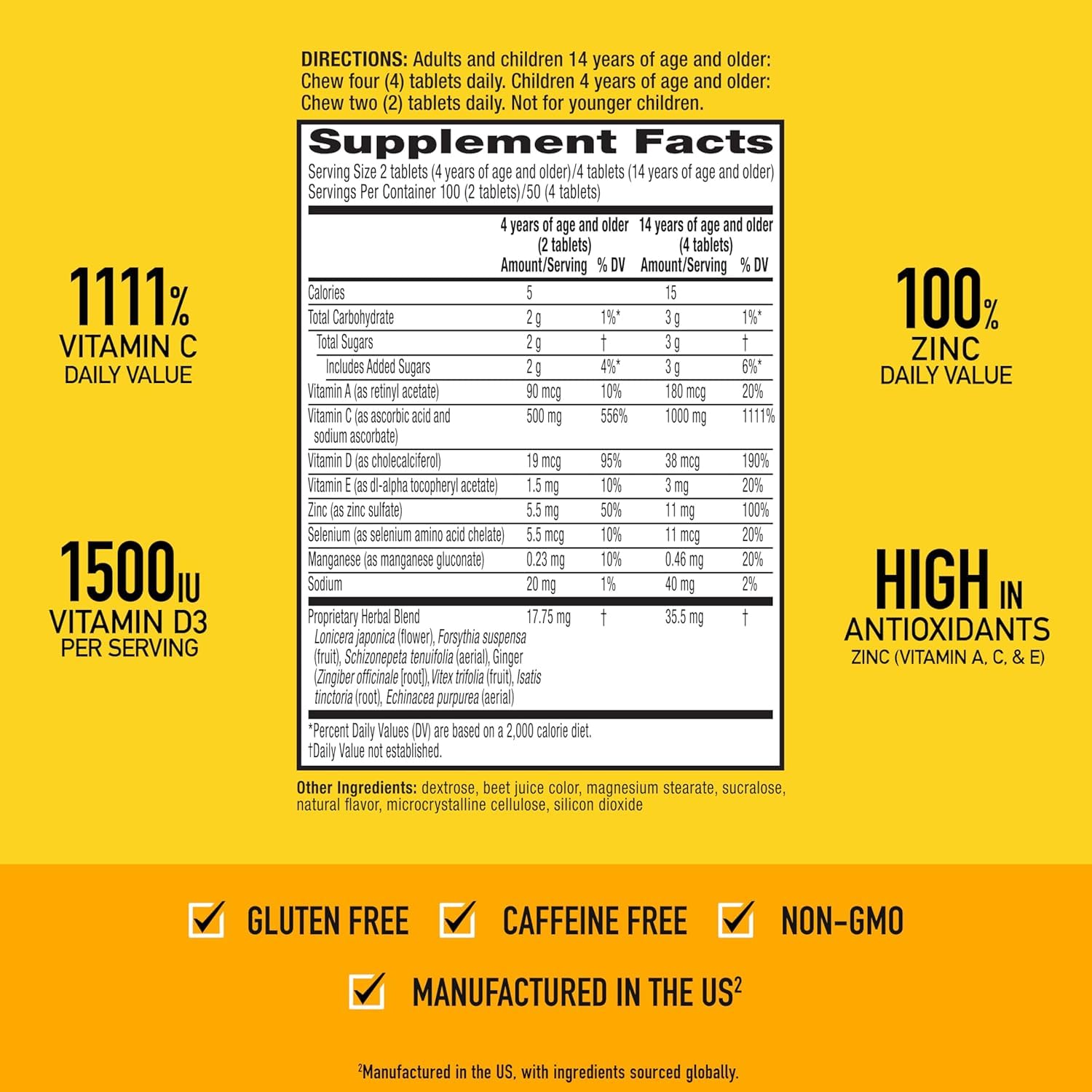 Airborne Chewable Vitamin C 1000mg with Zinc nutritional information