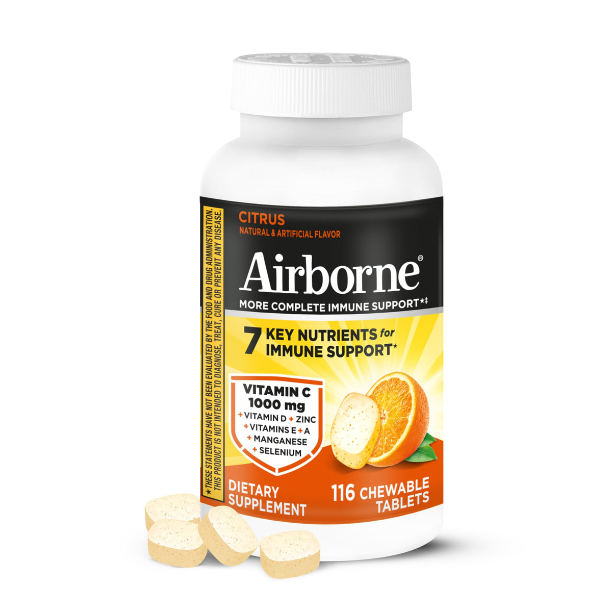 Airborne Citrus Chewable Tablets 116ct front view