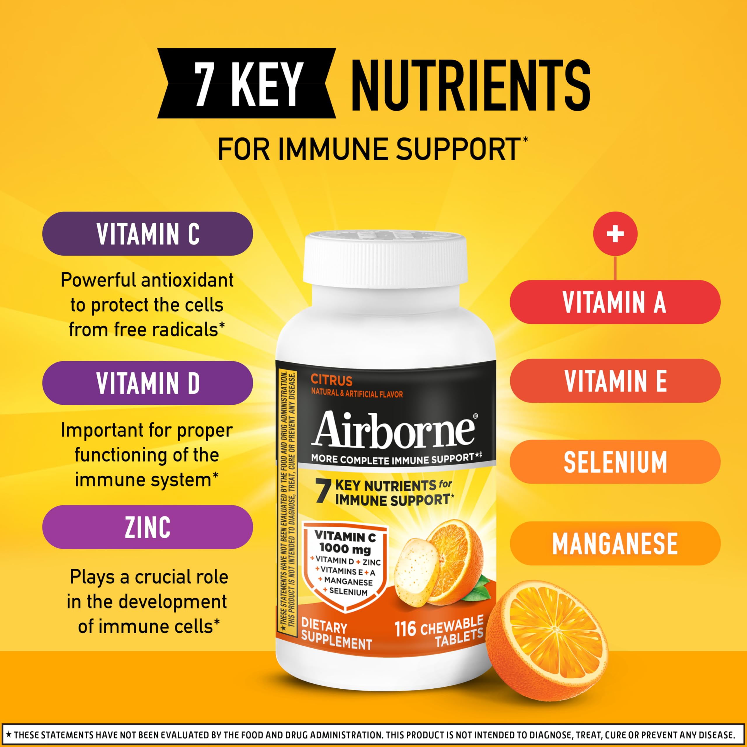 Airborne Citrus Chewable Tablets side view showing tablet count