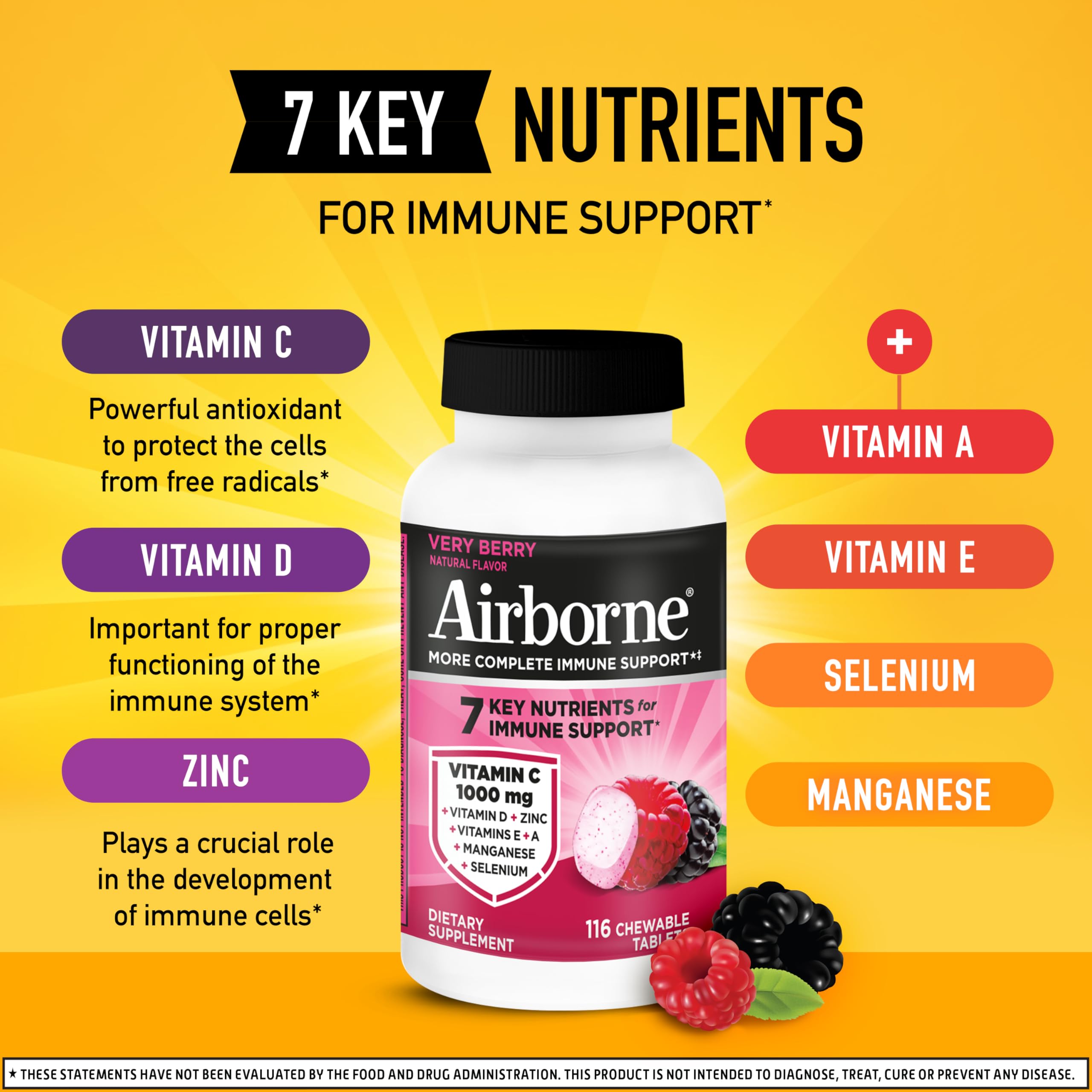 Airborne Very Berry Chewable Tablets with a few tablets displayed