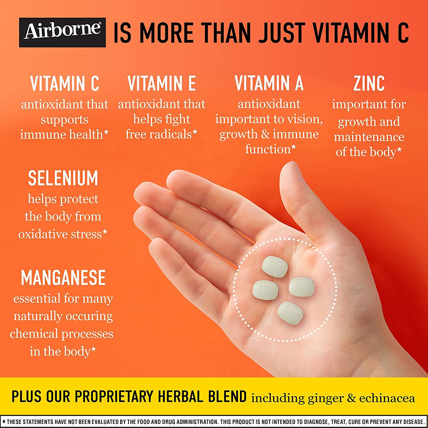 Airborne Vitamin C chewable tablets back view with ingredient list