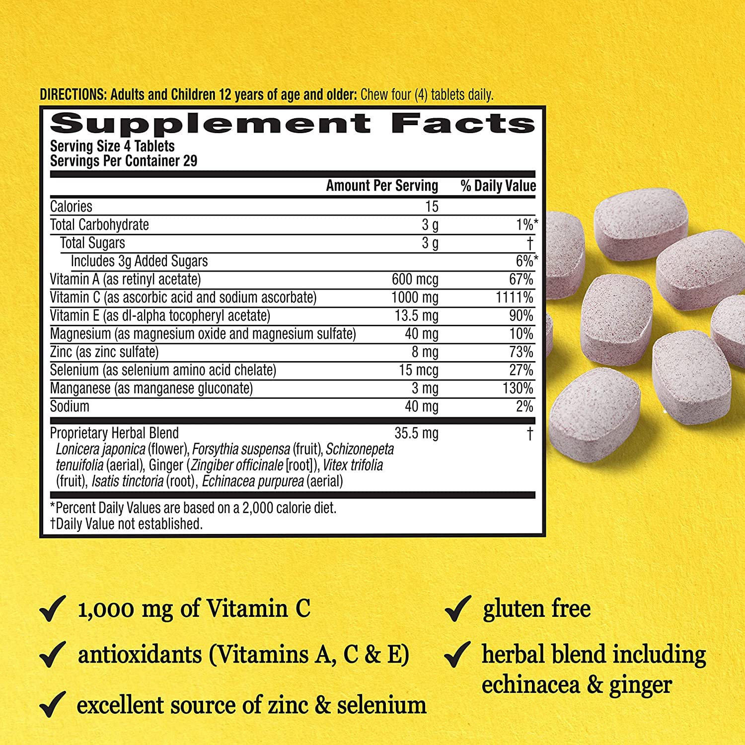 Airborne Vitamin C chewable tablets side view with dosage information