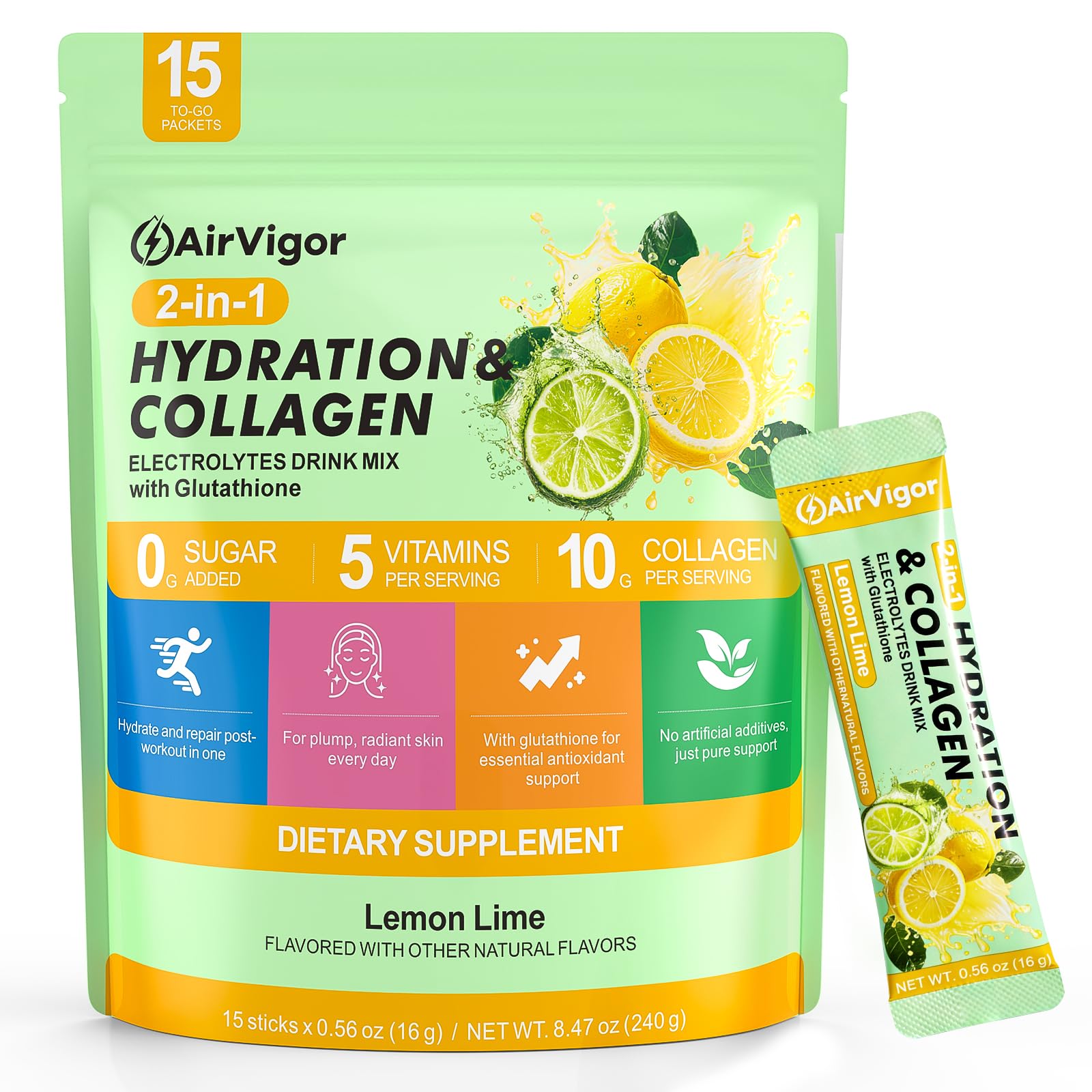 AirVigor Electrolyte Collagen Drink Mix front view with Lemon Lime flavour