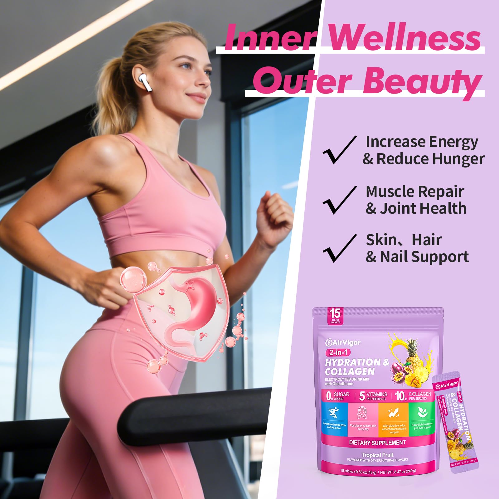 AirVigor Electrolyte Collagen Drink Mix in gym bag