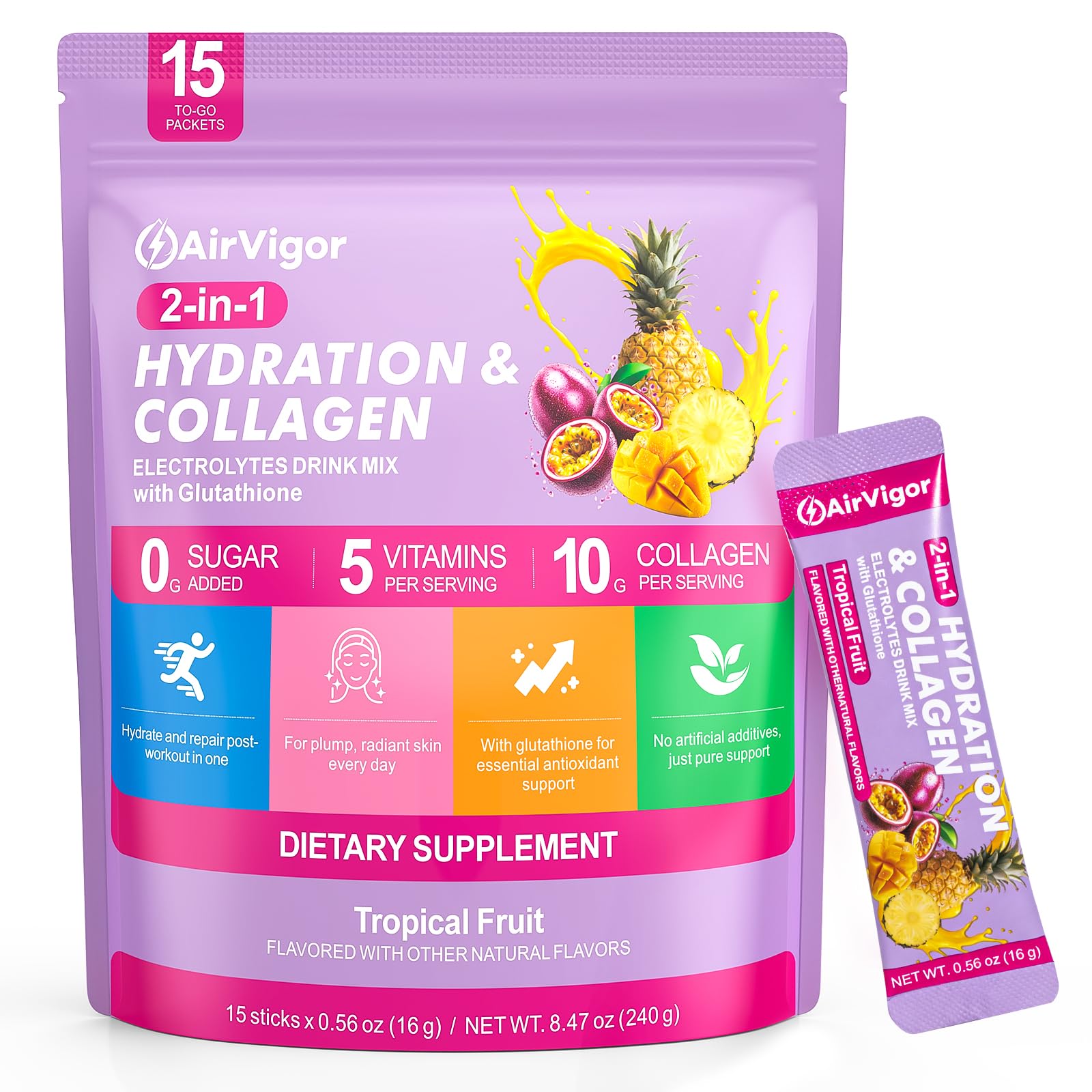AirVigor Electrolyte Collagen Drink Mix tropical fruit flavour front view