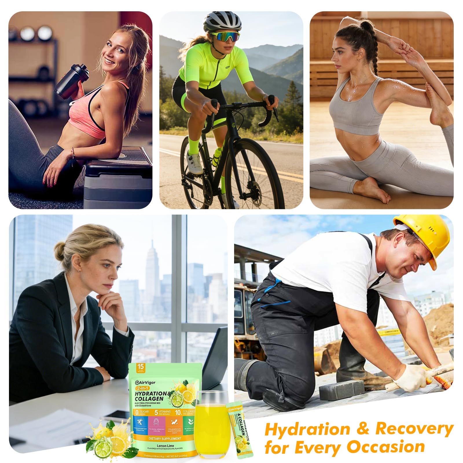 AirVigor Electrolyte Collagen Drink Mix with gym accessories