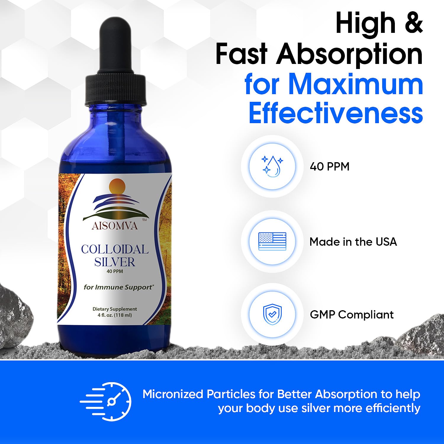 AISOMVA Colloidal Silver Liquid 40ppm back view with ingredient list