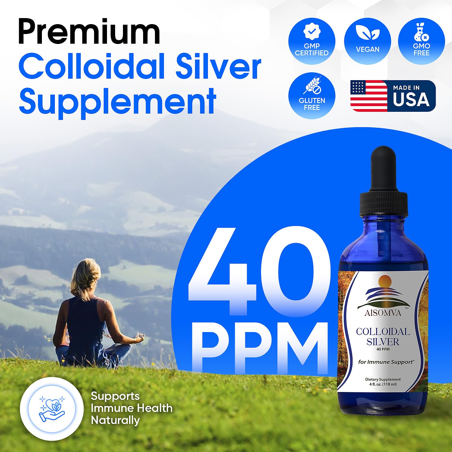 AISOMVA Colloidal Silver Liquid 40ppm side view showing label