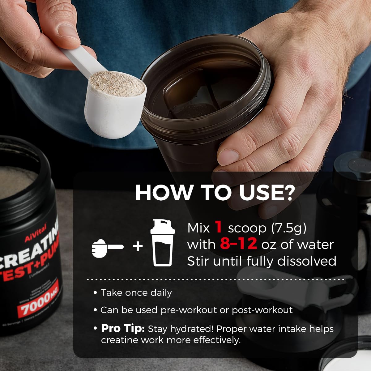 AiVital Creatine Monohydrate Powder showing serving scoop