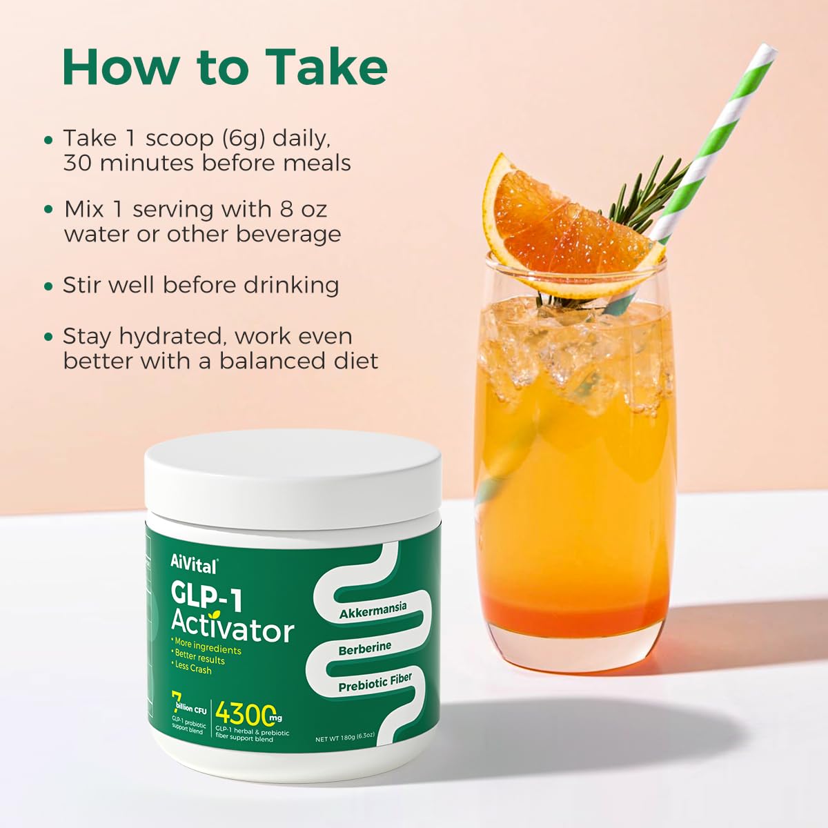 AiVital Prebiotic Supplement 180g mixed in a glass of water