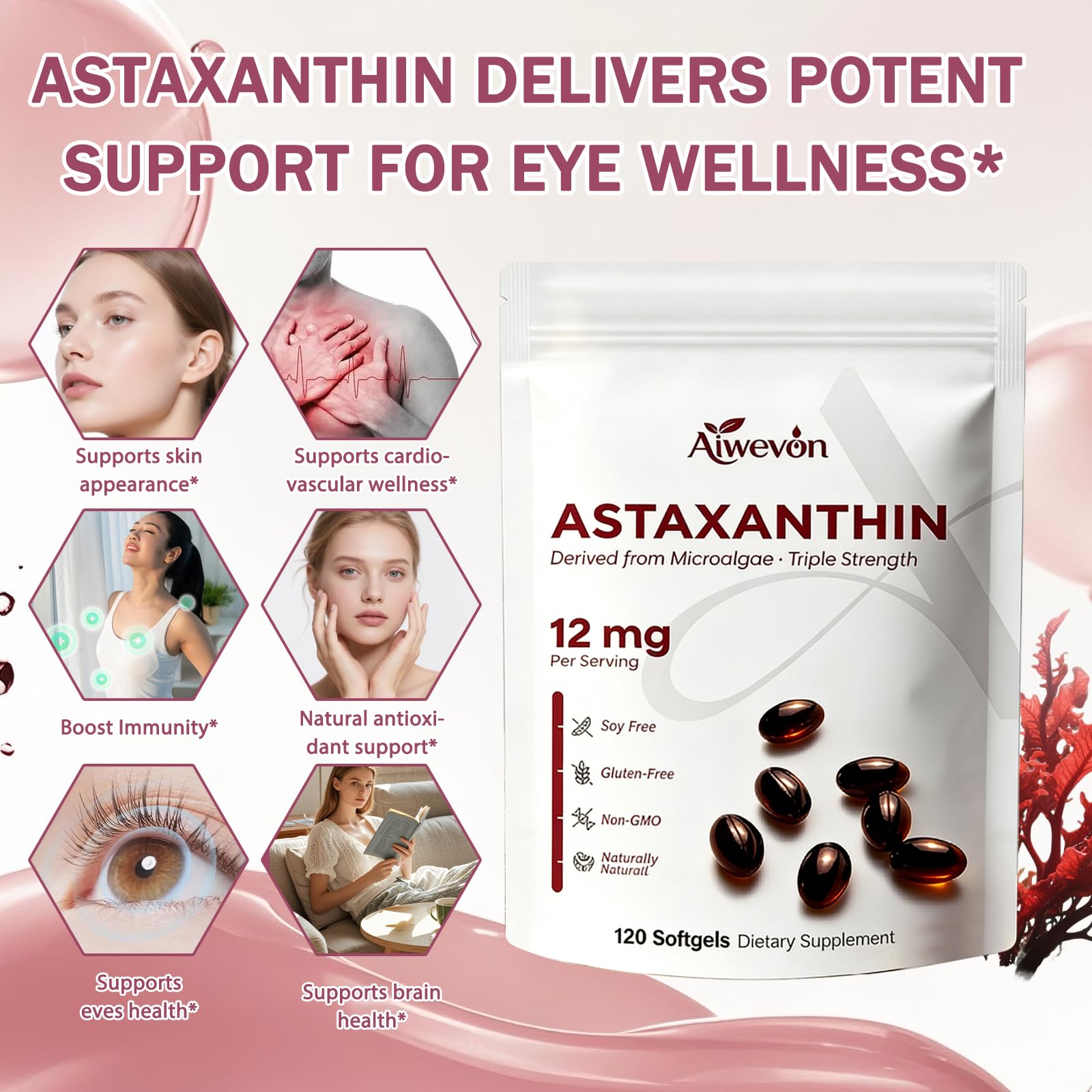 Aiwevon Astaxanthin Softgels 12mg bottle side view