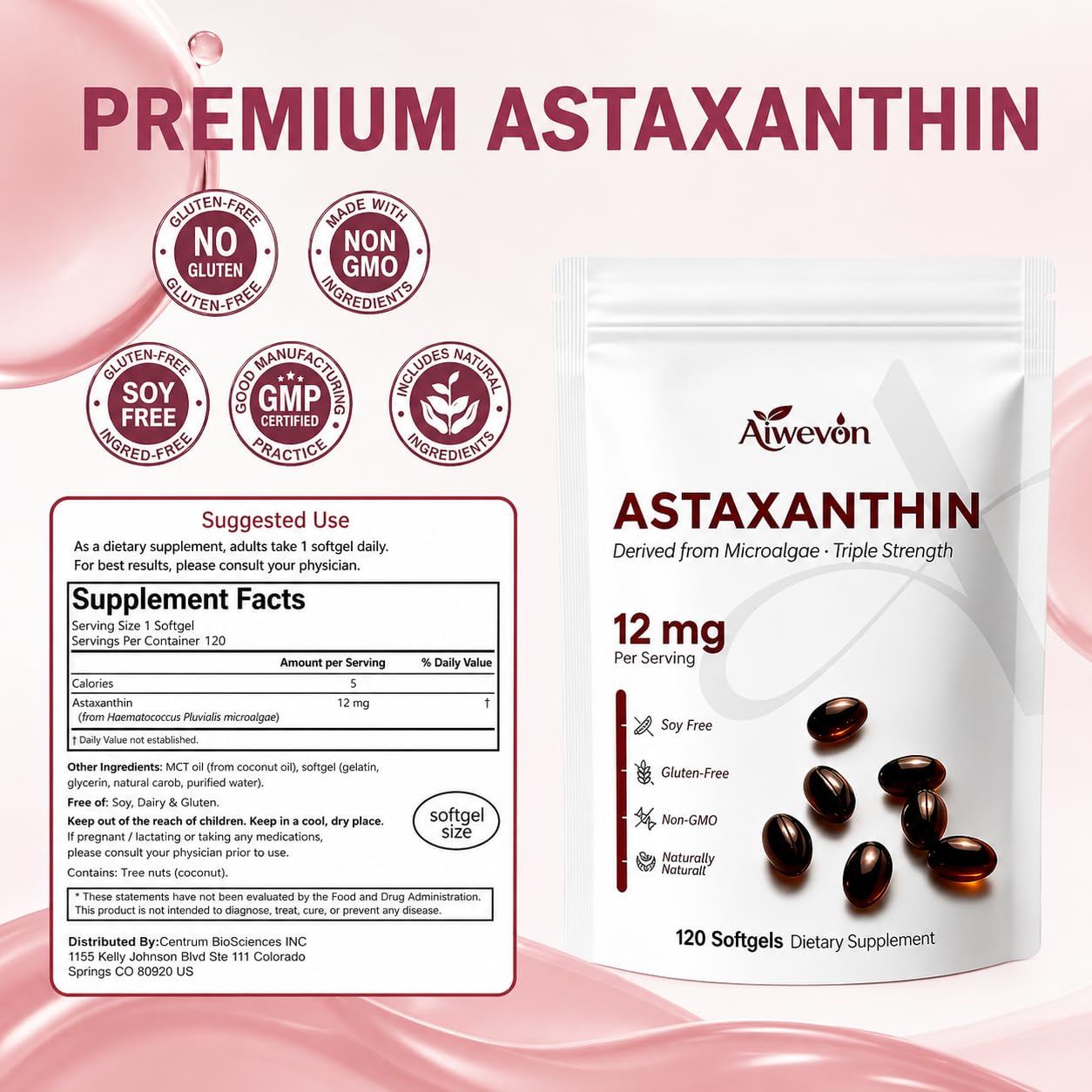 Aiwevon Astaxanthin Softgels 12mg bottle with softgels on a table