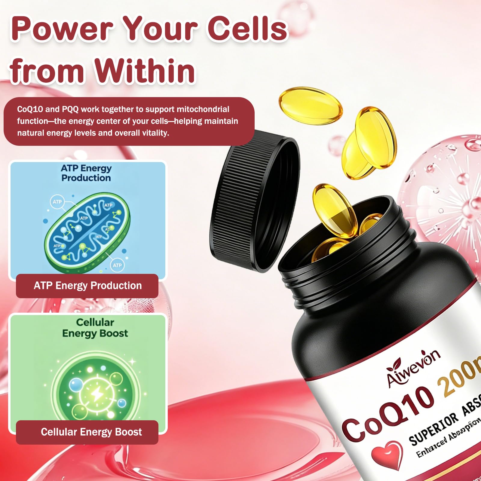 Aiwevon CoQ10 200mg softgels bottle with label