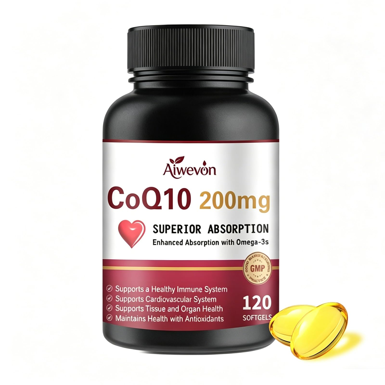 Aiwevon CoQ10 200mg softgels front view with packaging