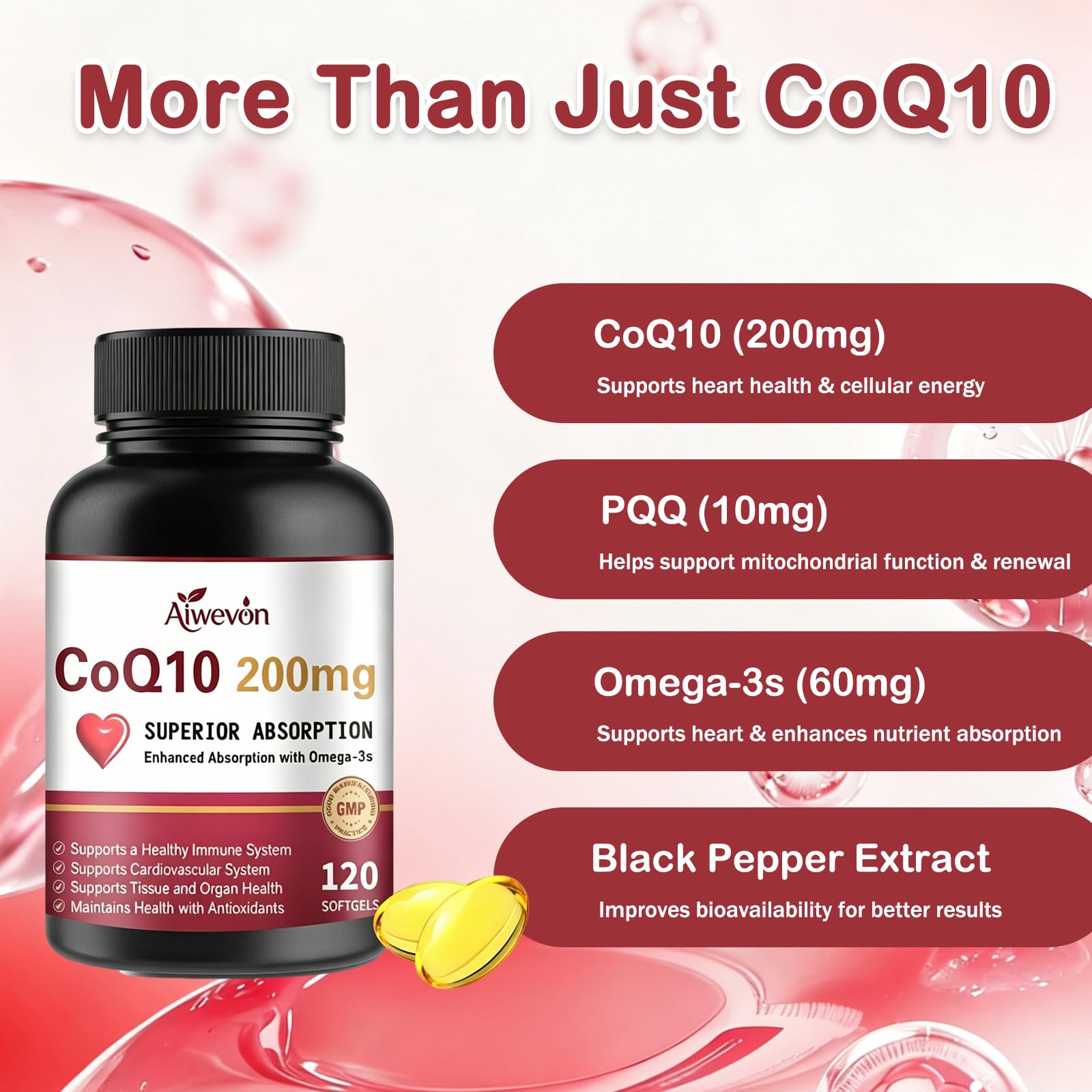 Aiwevon CoQ10 200mg softgels on a wooden table