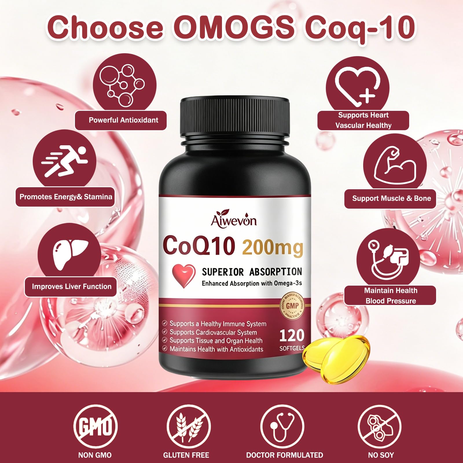Aiwevon CoQ10 200mg softgels side view showing softgel