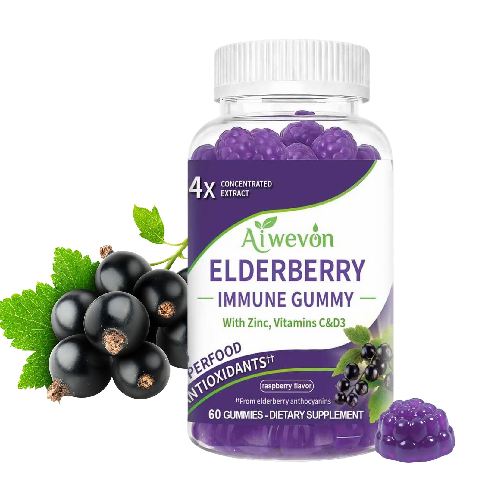 Aiwevon Elderberry Gummies 60 count bottle with berry-flavoured gummies
