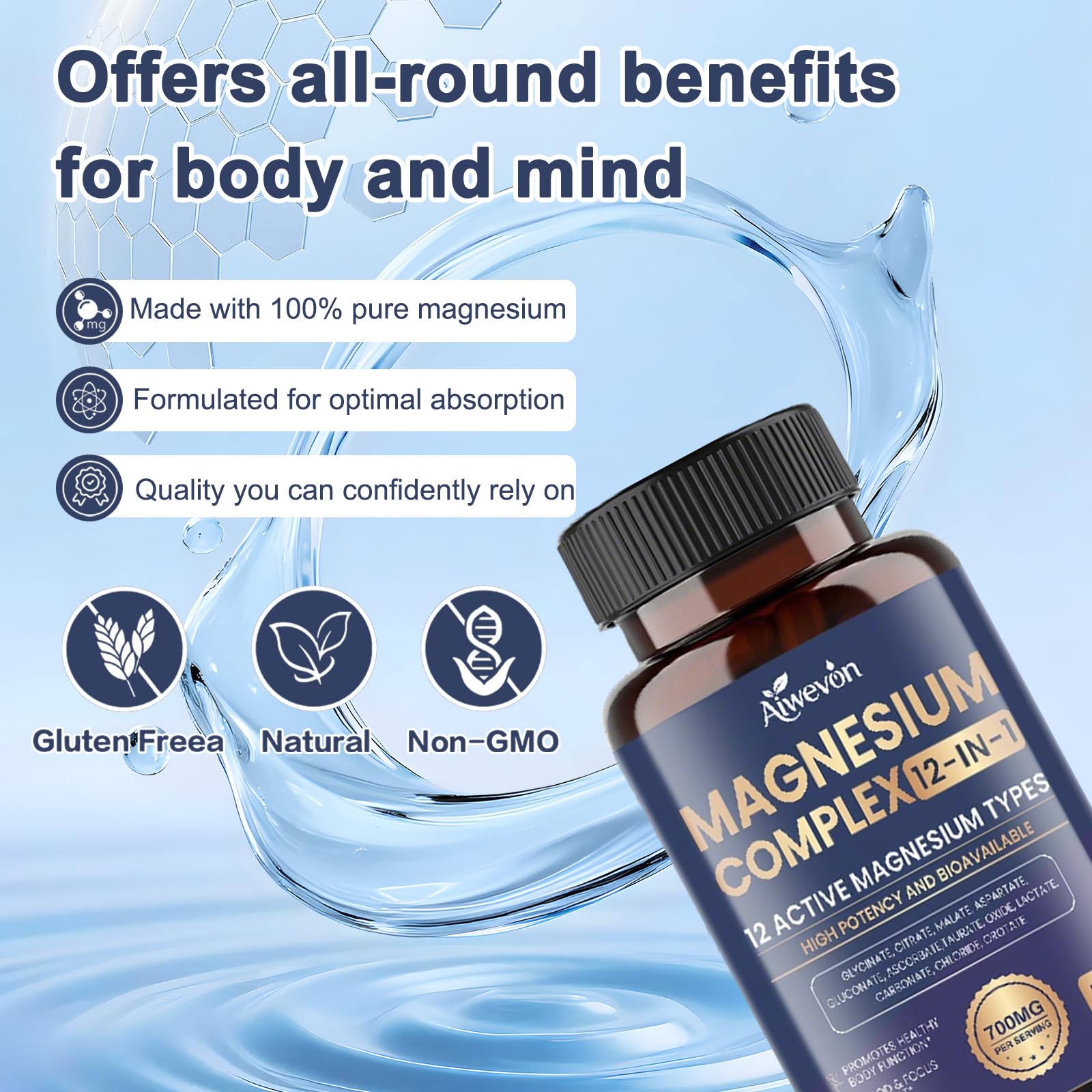 Aiwevon Magnesium Complex Capsules on a wooden table