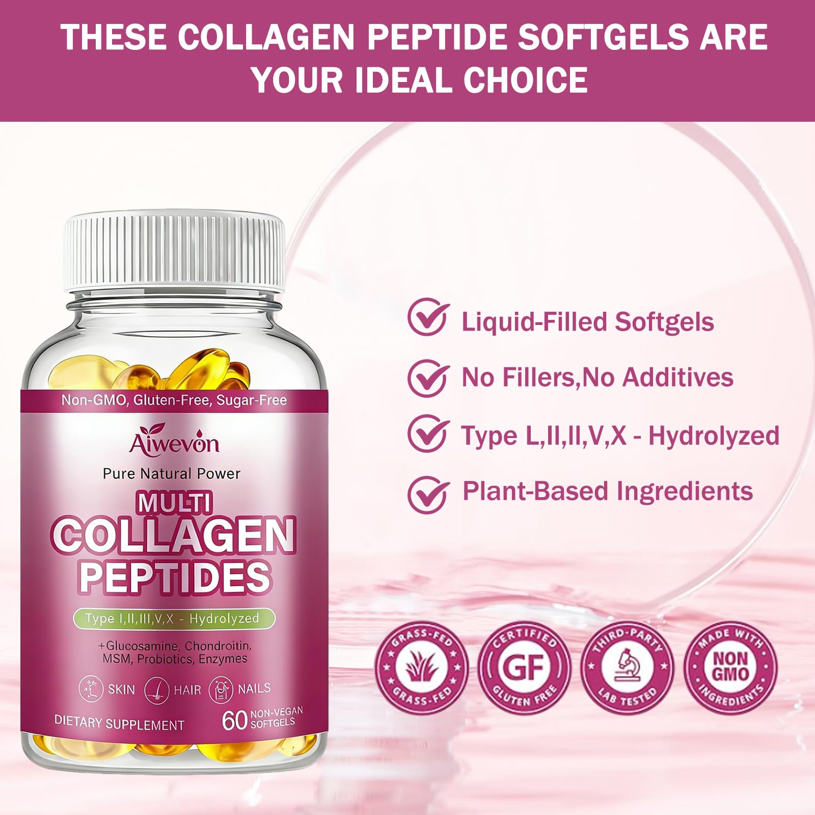 Aiwevon Multi Collagen Peptides Capsules 9500mg bottle with label
