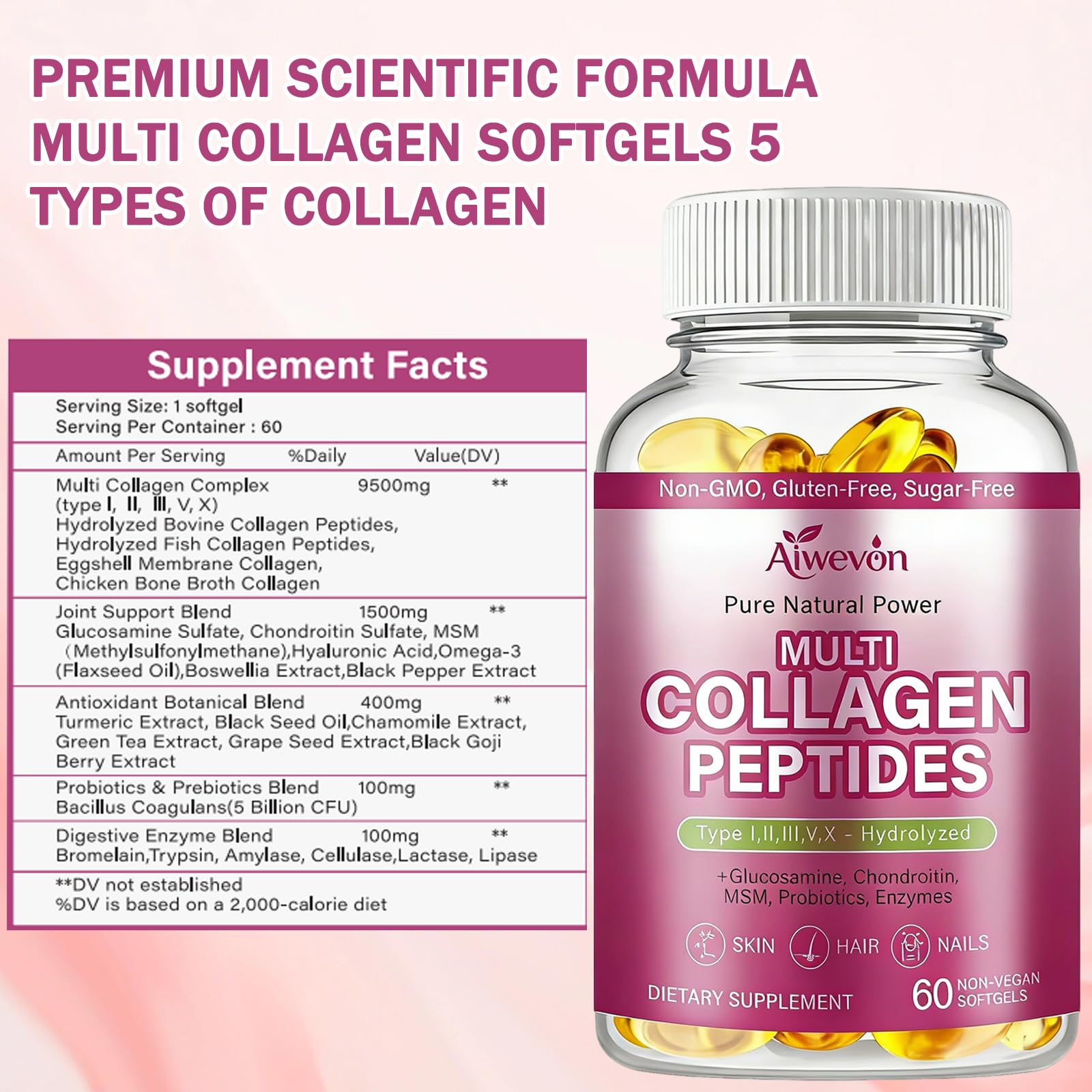 Aiwevon Multi Collagen Peptides Capsules 9500mg close-up of capsules