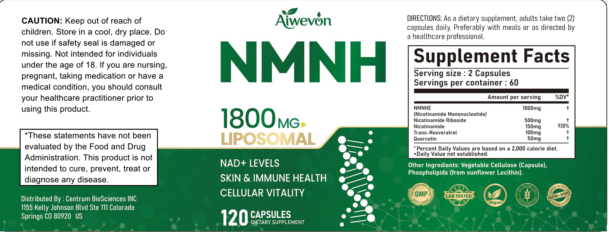 Aiwevon NMNH NAD+ Support Supplement packaging with a clean background