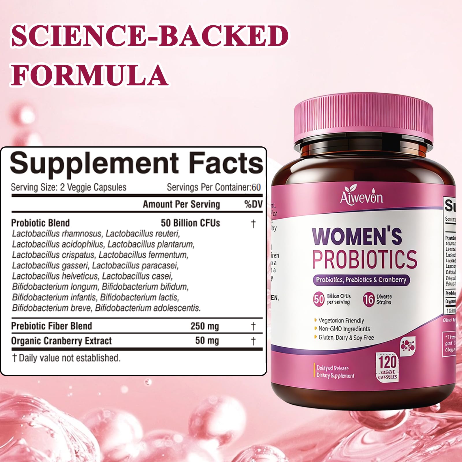 Aiwevon Women’s Probiotic Capsules displayed with a glass of water