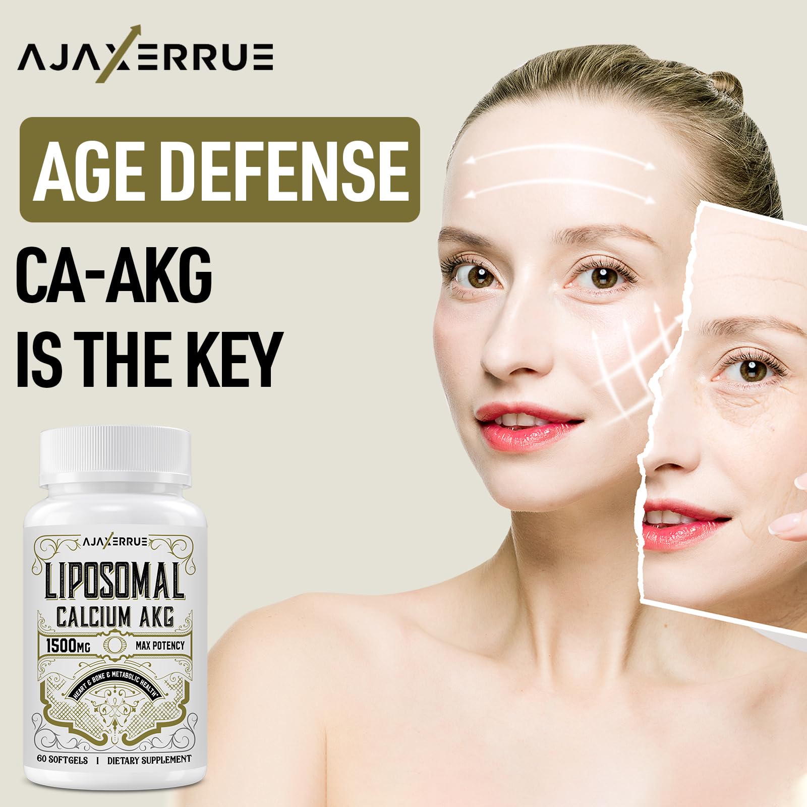 AJAXERRUE Calcium AKG Liposomal Capsules 1500mg with other supplements