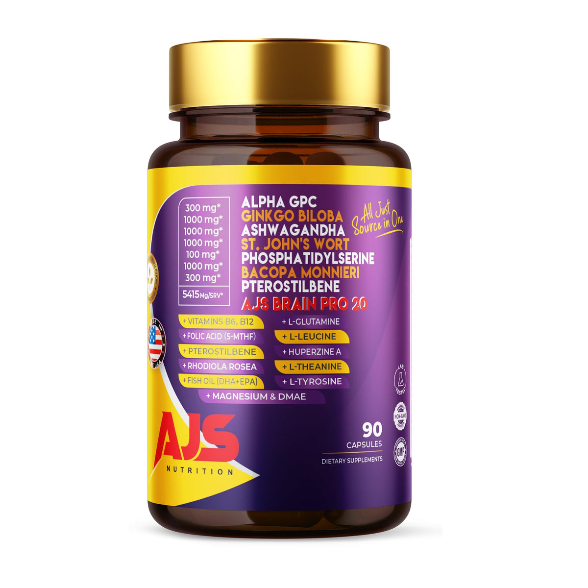 AJS Nutrition Ginkgo Biloba supplement front view with capsule bottle