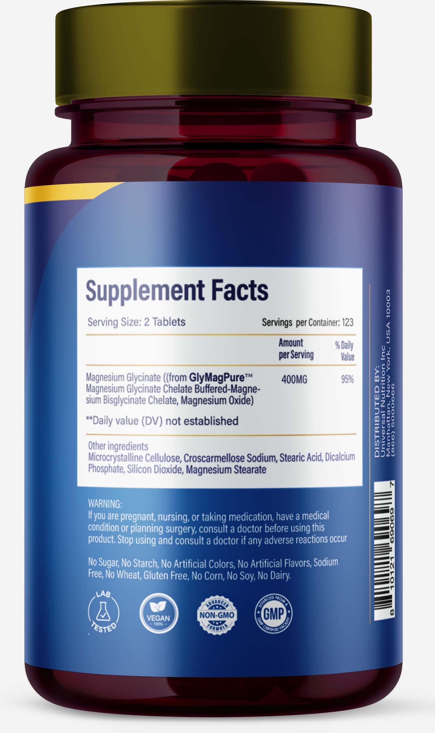 AJS Nutrition Magnesium Glycinate 400mg bottle opened with tablets inside