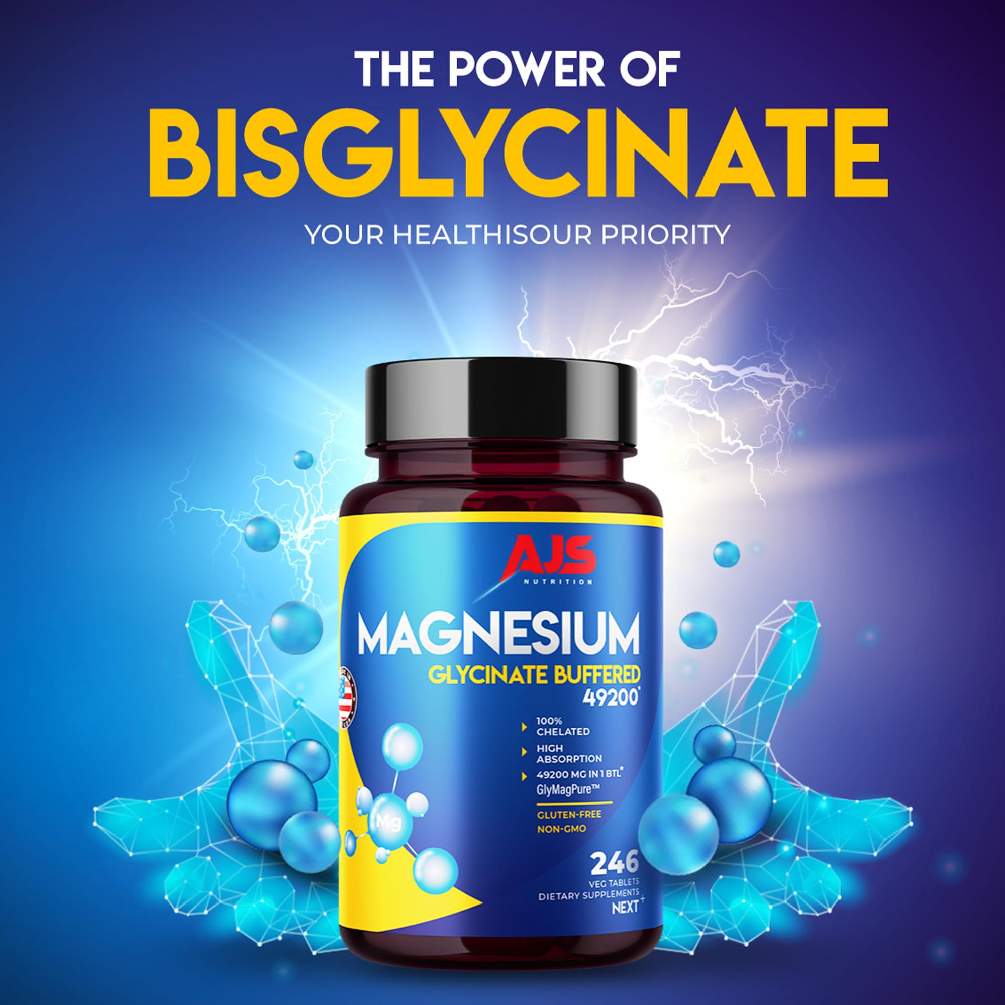 AJS Nutrition Magnesium Glycinate 400mg bottle side view