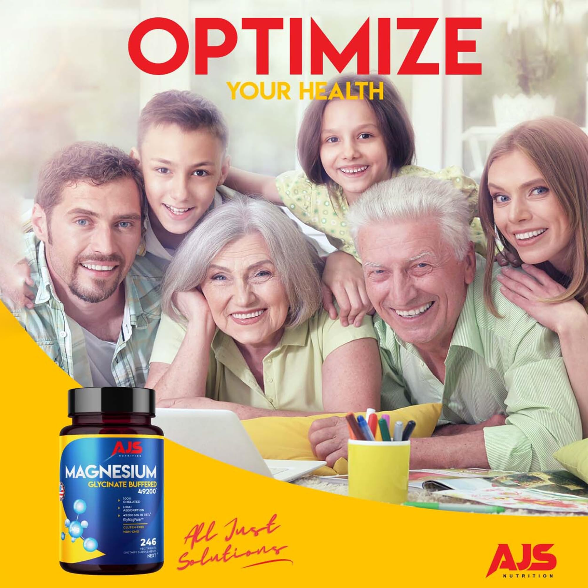AJS Nutrition Magnesium Glycinate 400mg tablets on a wooden table