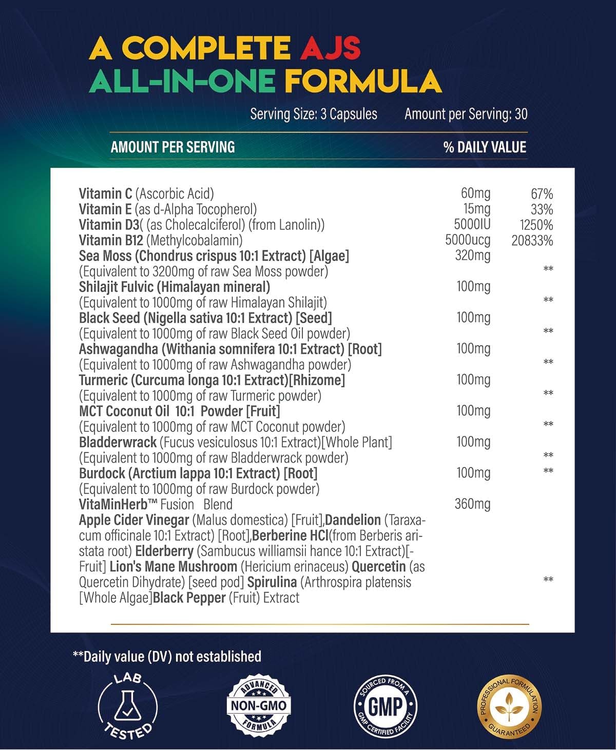 AJS Nutrition Sea Moss Capsules in packaging on a wooden table