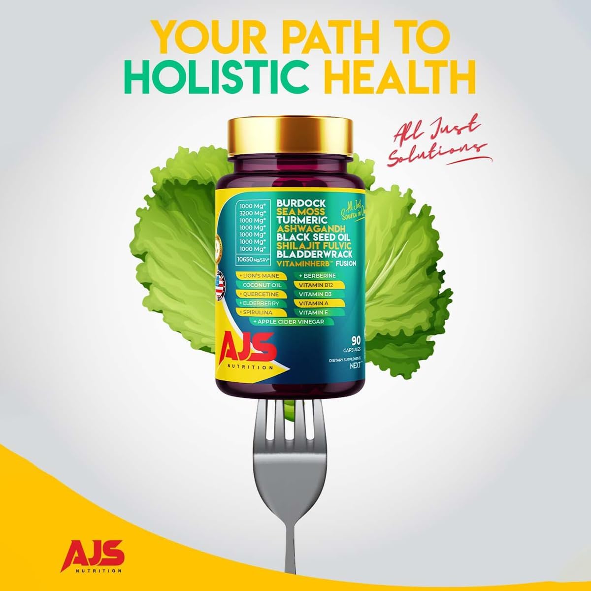 AJS Nutrition Sea Moss Capsules with ingredients displayed