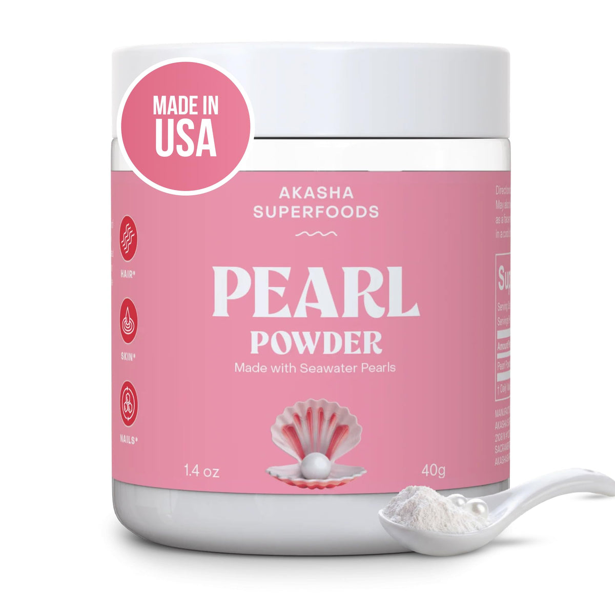 Akasha Superfoods Pearl Powder 113g front view with mother-of-pearl spoon