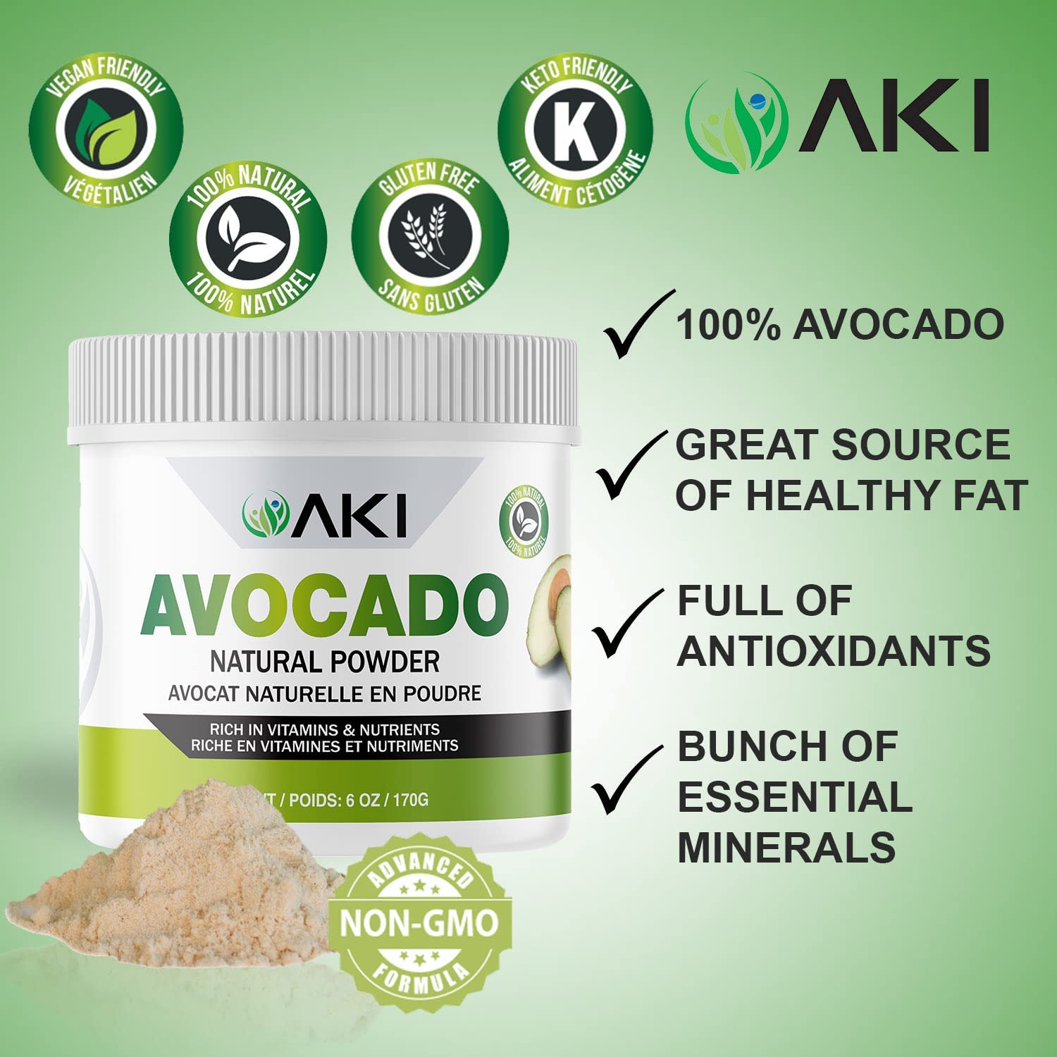 AKI ORGANIC Avocado Powder 170g scoop next to powder