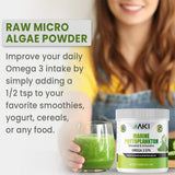 AKI ORGANIC Marine Phytoplankton Omega 3 Supplement powder in a spoon